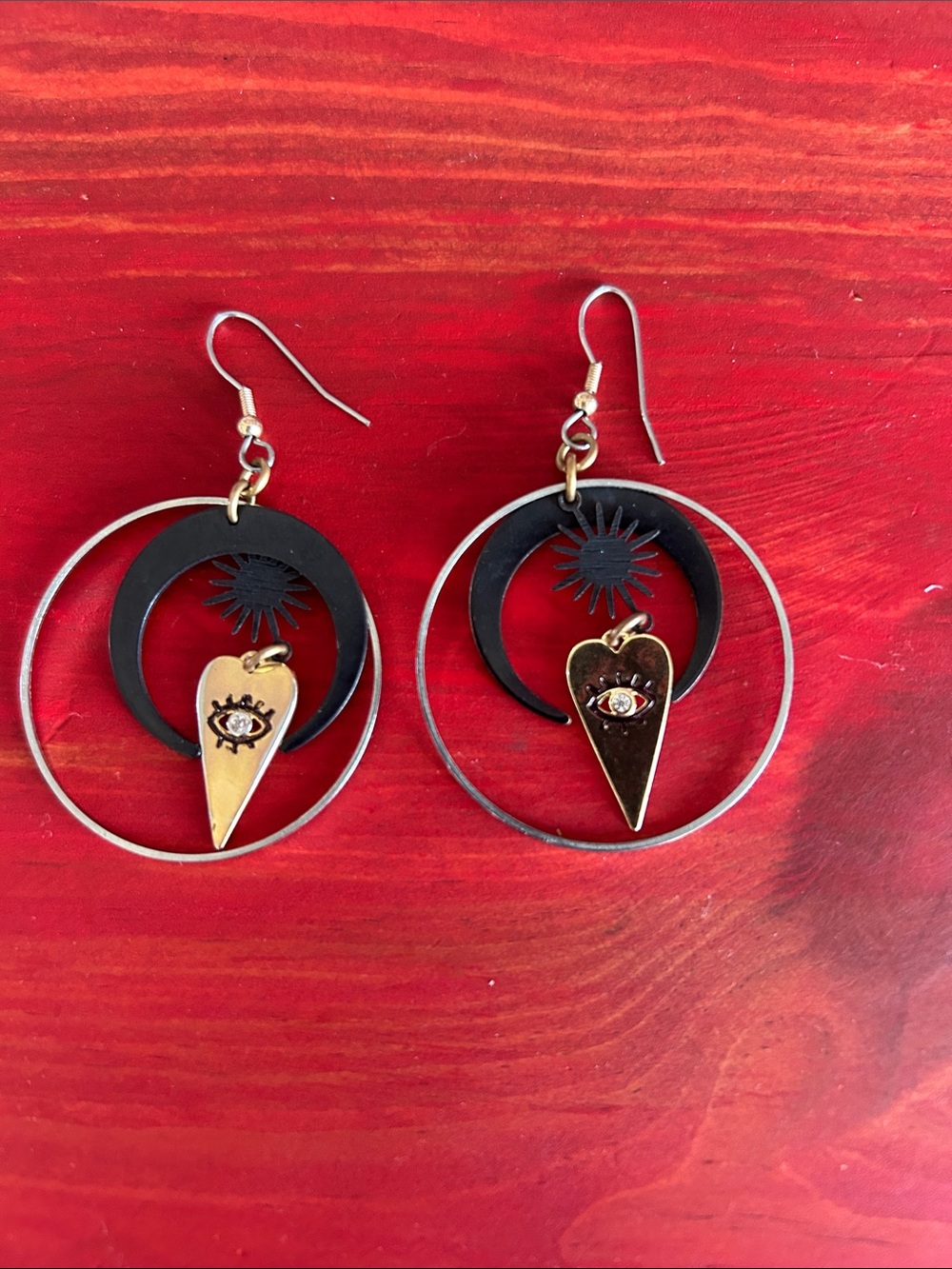 Gold and Black Crescent Evil Eye Drop Earrings - Women Jewelry